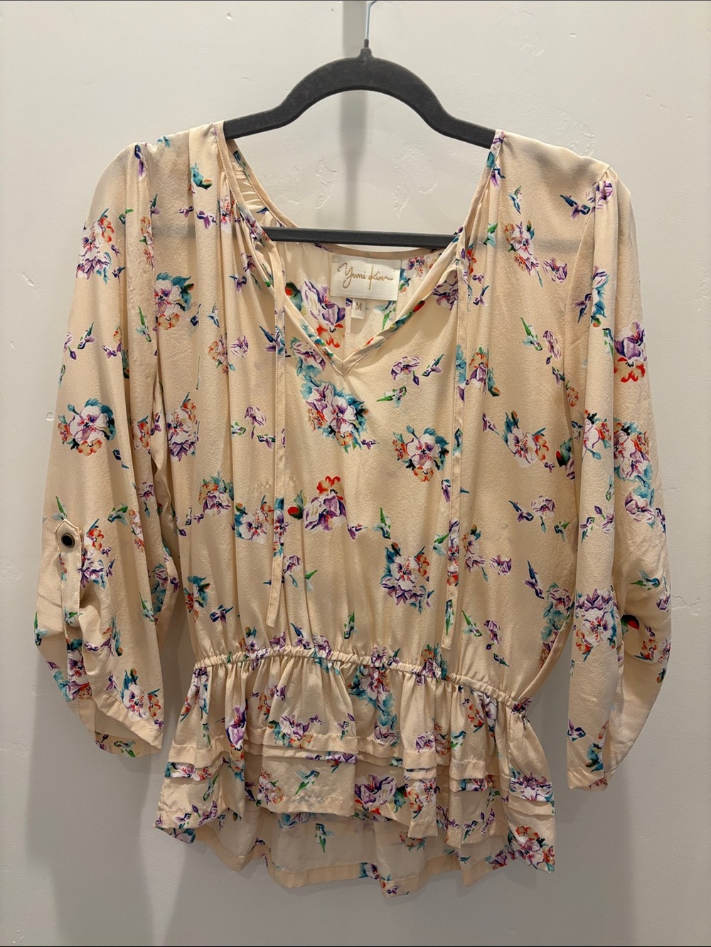Yumi Kim Beige Floral Ruffle Peplum Blouse